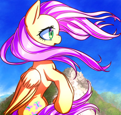 Size: 1620x1550 | Tagged: safe, artist:tangankittentail, fluttershy, pegasus, pony, g4, bipedal, color porn, eyestrain warning, female, mountain, solo, windswept mane