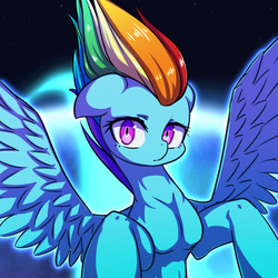 Size: 1700x1700 | Tagged: safe, artist:tangankittentail, rainbow dash, pegasus, pony, g4, around the world, color porn, eyestrain warning, female, floppy ears, flying, looking at you, solo, spread wings, wings