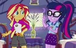 Size: 862x547 | Tagged: safe, artist:thedarkpony, edit, edited screencap, screencap, sci-twi, sunset shimmer, twilight sparkle, equestria girls, g4, my little pony equestria girls: legend of everfree, camp everfree outfits, clothes, fart, fart noise, female, onomatopoeia, ponytail, shorts, sound effects
