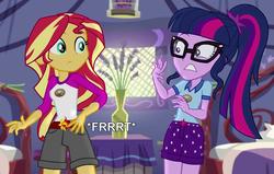 Size: 862x547 | Tagged: safe, edit, edited screencap, editor:thedarkpony, screencap, sci-twi, sunset shimmer, twilight sparkle, equestria girls, g4, my little pony equestria girls: legend of everfree, camp everfree outfits, clothes, fart, fart noise, female, onomatopoeia, ponytail, shorts, sound effects