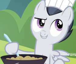 Size: 1105x928 | Tagged: safe, screencap, rumble, pegasus, pony, g4, marks and recreation, chef's hat, colt, cooking, discovery family logo, hat, male, solo, toque, wings