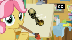 Size: 2777x1558 | Tagged: safe, artist:artemis whooves, artist:cathy jarboe, kettle corn, g4, marks and recreation, doot, kettle draws, meme, musical instrument, skull trumpet, spooky, trumpet