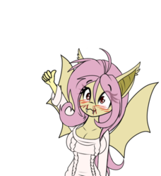 Size: 500x549 | Tagged: safe, artist:silverfox057, fluttershy, bat pony, anthro, big breasts, blood, blushing, breasts, busty fluttershy, cleavage, clothes, cute, eye clipping through hair, eyebrows, eyebrows visible through hair, fangs, female, flutterbat, hoodie, nosebleed, race swap, simple background, solo, spread wings, thumbs up, transparent background, wings