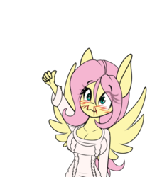 Size: 500x549 | Tagged: safe, alternate version, artist:silverfox057, fluttershy, pegasus, anthro, :3, big breasts, blood, blushing, breasts, busty fluttershy, cleavage, clothes, cute, eyebrows, eyebrows visible through hair, female, hoodie, nosebleed, reaction image, simple background, solo, spread wings, thumbs up, transparent background, wingboner, wings