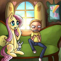 Size: 2880x2880 | Tagged: safe, artist:lamentedmusings, angel bunny, fluttershy, pony, g4, crossover, furniture, gritted teeth, high res, morty smith, rick and morty, sitting