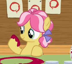 Size: 812x720 | Tagged: safe, screencap, kettle corn, earth pony, pony, g4, marks and recreation, season 7, animated, bow, circle, circle painting, cute, cuteness overload, cutie mark day camp, female, filly, foal, food, gif, hair bow, hnnng, hoof licking, hooves, jam, jar, kettlebetes, licking, painting, raised hoof, solo, strawberry jam, that pony sure does love circles, tongue out