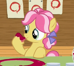 Size: 808x718 | Tagged: safe, screencap, kettle corn, earth pony, pony, g4, marks and recreation, animated, bow, circle, circle painting, cute, cuteness overload, cutie mark day camp, diabetes, female, filly, foal, food, gif, hair bow, hnnng, hoof licking, hooves, jam, jar, kettlebetes, licking, painting, raised hoof, solo, strawberry jam, this will end in lead poisoning, tongue out