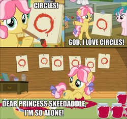 Size: 1200x1124 | Tagged: safe, edit, edited screencap, screencap, kettle corn, earth pony, pony, g4, marks and recreation, circle, circle painting, female, filly, foal, i'm so alone, image macro, meme, strawberry jam, that pony sure does love circles