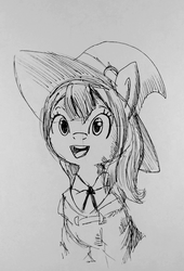 Size: 584x859 | Tagged: safe, artist:tjpones, earth pony, pony, akko kagari, bust, clothes, cute, grayscale, hat, inktober, little witch academia, monochrome, ponified, solo, traditional art, witch, witch hat
