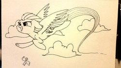 Size: 3771x2121 | Tagged: safe, artist:malwinters, rainbow dash, pony, g4, female, flying, high res, inktober, solo, traditional art