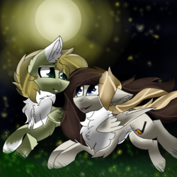 Size: 2560x2560 | Tagged: safe, artist:brokensilence, oc, oc only, oc:auctor, oc:misty serenity, firefly (insect), pegasus, pony, eye contact, freckles, full moon, high res, looking at each other, mistor, moon, night, running, shipping, windswept mane