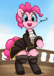 Size: 3934x5551 | Tagged: safe, artist:pabbley, pinkie pie, pony, g4, bipedal, clothes, dialogue, female, open mouth, pirate, rearing, ship, solo