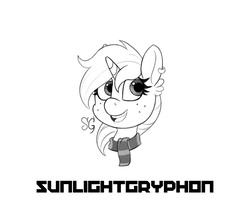Size: 6000x5000 | Tagged: safe, artist:sunlightgryphon, oc, oc only, oc:debra rose, pony, unicorn, absurd resolution, bust, clothes, ear piercing, earring, female, freckles, horn, jewelry, mare, monochrome, piercing, scarf, smiling, solo, unicorn oc