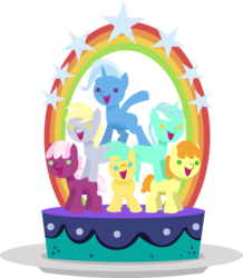 Size: 9251x10625 | Tagged: safe, artist:punzil504, carrot top, cheerilee, derpy hooves, golden harvest, lyra heartstrings, sunshower raindrops, trixie, earth pony, pegasus, pony, unicorn, g4, absurd resolution, cake, cheeribetes, cute, cutie top, derpabetes, dessert, diatrixes, female, food, hoof in air, looking at you, lunaverse, lyrabetes, mare, open mouth, plate, rainbow, shadow, simple background, smiling, smiling at you, standing, stars, transparent background