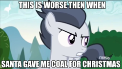 Size: 960x542 | Tagged: safe, rumble, g4, marks and recreation, grammar error, image macro, it's a pony kind of christmas, last year i got coal for christmas, male, meme, solo, voice actor joke