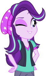 Size: 357x582 | Tagged: safe, artist:thebar, edit, edited screencap, screencap, starlight glimmer, equestria girls, equestria girls specials, g4, my little pony equestria girls: mirror magic, background removed, beanie, clothes, cute, female, glimmerbetes, hand on hip, hat, not a vector, one eye closed, simple background, smiling, solo, transparent background, vest, wink
