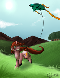 Size: 1161x1500 | Tagged: safe, artist:aeritus, oc, oc only, pony, unicorn, curved horn, horn, kite, mouth hold, running, solo