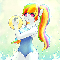 Size: 1791x1791 | Tagged: safe, artist:sigpi, rainbow dash, pegasus, anthro, g4, breasts, clothes, female, mare, one-piece swimsuit, smiling, solo, swimsuit, water, wingless