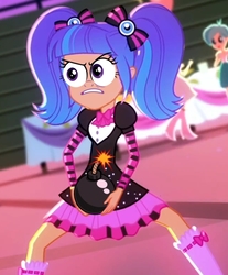 Size: 644x776 | Tagged: safe, edit, edited edit, edited screencap, screencap, pixel pizazz, equestria girls, g4, my little pony equestria girls: summertime shorts, bomb, boom, clothes, crazy face, dancing, eye, eyes, faic, meme, shoes, special eyes, weapon