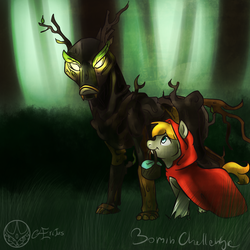 Size: 1000x1000 | Tagged: safe, artist:aeritus, pony, timber wolf, 30 minute art challenge, basket, cloak, clothes, little red riding hood, mouth hold