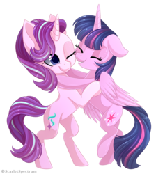 Size: 2878x3206 | Tagged: safe, artist:scarlet-spectrum, starlight glimmer, twilight sparkle, alicorn, pony, unicorn, g4, bipedal, cute, duo, eyes closed, female, glimmerbetes, high res, hug, lesbian, mare, one eye closed, ship:twistarlight, shipping, simple background, teacher and student, transparent background, twiabetes, twilight sparkle (alicorn)