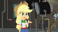 Size: 1280x718 | Tagged: safe, screencap, applejack, equestria girls, equestria girls specials, g4, my little pony equestria girls: movie magic, clothes, cowboy hat, denim skirt, female, freckles, hat, open mouth, skirt, solo, stetson, talking