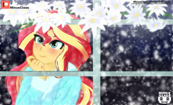 Size: 2470x1500 | Tagged: safe, artist:minusclass, sunset shimmer, equestria girls, g4, clothes, cute, female, flower, indoors, patreon, patreon logo, smiling, snow, solo, window