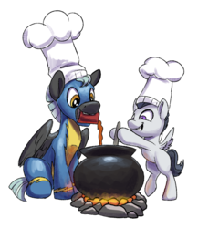 Size: 854x982 | Tagged: safe, artist:tsitra360, rumble, thunderlane, pegasus, pony, g4, marks and recreation, brothers, cauldron, chef's hat, clothes, colt, cooking, duo, fire, hat, hug, looking at you, looking down, male, mouth hold, pouring, simple background, smiling, stallion, stirring, uniform, white background, wonderbolts uniform