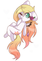 Size: 2048x3000 | Tagged: safe, artist:cinnamontee, oc, oc only, oc:ember (cinnamontee), pegasus, pony, anatomically incorrect, bandaid, bandaid on nose, belly button, chibi, female, flower, high res, incorrect leg anatomy, mare, one eye closed, simple background, smiling, solo, transparent background, wink