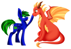 Size: 1024x706 | Tagged: safe, artist:beashay, oc, oc only, oc:agan, oc:circuit breaker, dragon, pegasus, pony, boop, male, simple background, stallion, tongue out, transparent background