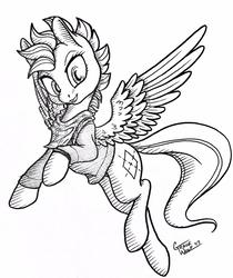 Size: 1076x1280 | Tagged: safe, artist:gracewolf, oc, oc only, oc:crucible, pony, clothes, disguise, disguised changeling, female, flying, mare, monochrome, solo, sweater
