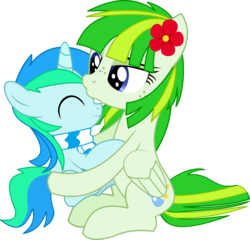 Size: 6321x6075 | Tagged: safe, artist:cyanlightning, oc, oc only, oc:cyan lightning, oc:green lightning, pegasus, pony, unicorn, g4, .svg available, absurd resolution, clothes, colt, eyes closed, female, freckles, holding a pony, hug, kissing, male, mare, mother and son, scarf, simple background, transparent background, vector
