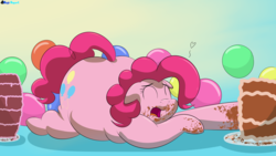 Size: 2560x1440 | Tagged: safe, artist:rupert, pinkie pie, earth pony, pony, series:30 dayz of pinks, g4, balloon, cake, eyes closed, fat, female, floppy ears, food, heart, mare, messy eating, obese, open mouth, piggy pie, pudgy pie, solo, stuffed, stuffing