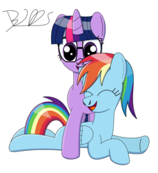 Size: 1536x1678 | Tagged: safe, artist:trackheadtherobopony, rainbow dash, sci-twi, twilight sparkle, g4, cute, duo, duo female, female, laughing, lesbian, nibbling, prone, ship:sci-twidash, ship:twidash, shipping, signature, simple background, transparent background