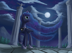 Size: 4000x2965 | Tagged: safe, artist:emeraldgalaxy, princess luna, alicorn, pony, g4, column, female, high res, looking up, mare, moon, night, solo