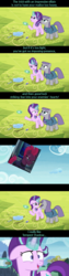 Size: 960x3840 | Tagged: safe, edit, edited screencap, screencap, maud pie, starlight glimmer, tempest shadow, earth pony, pony, unicorn, g4, my little pony: the movie, rock solid friendship, canterlot, canterlot castle, close-up, comic, cropped, glowing horn, grin, happy, horn, kite, kite flying, levitation, magic, meadow, mountain, ponyville, screencap comic, smiling, smirk, telekinesis, text, tree
