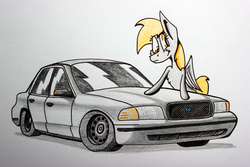 Size: 5184x3456 | Tagged: safe, artist:bumskuchen, derpy hooves, pegasus, pony, g4, car, crown victoria, female, ford, solo, traditional art, vehicle
