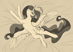 Size: 2115x1504 | Tagged: safe, artist:lunebat, princess celestia, alicorn, pony, g4, female, legs in air, lying, mare, monochrome, on back, patreon, patreon reward, sketch, solo, spread wings, wings