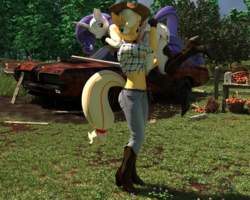 Size: 1800x1440 | Tagged: safe, artist:tahublade7, applejack, rarity, anthro, plantigrade anthro, g4, 3d, apple, basket, boots, car, carrying, clothes, daz studio, female, food, front knot midriff, gloves, lesbian, mercury (car), mercury cougar, mercury cougar eliminator, midriff, mud, panties, pants, ship:rarijack, shipping, shoes, story in the comments, story in the source, underwear