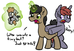 Size: 2208x1510 | Tagged: dead source, safe, artist:moemneop, oc, oc only, oc:lukida, oc:neop, bat pony, pony, unicorn, baby, baby pony, bat pony oc, female, levitation, magic, male, mare, simple background, stallion, telekinesis, transparent background