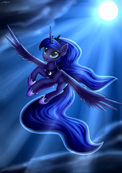 Size: 4786x6768 | Tagged: safe, artist:setharu, princess luna, alicorn, pony, g4, absurd resolution, beautiful, cloud, commission, cute, ear fluff, female, flying, full moon, jewelry, looking up, lunabetes, mare, moon, night, regalia, signature, sky, smiling, solo, stars, sweet dreams fuel