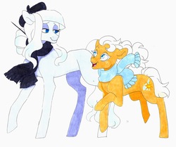 Size: 4772x3990 | Tagged: safe, artist:frozensoulpony, oc, oc only, oc:gingersnap, oc:picture perfect, earth pony, pony, absurd resolution, clothes, female, filly, magical lesbian spawn, mare, offspring, parent:photo finish, parent:zesty gourmand, parents:zestyfinish, scarf, traditional art