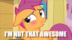 Size: 1280x720 | Tagged: safe, edit, edited screencap, screencap, scootaloo, pegasus, pony, g4, marks and recreation, blatant lies, blushing, cute, cutealoo, denial, embarrassed, female, filly, floppy ears, grin, image macro, looking up, meme, smiling, solo
