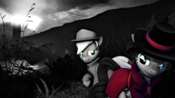 Size: 3840x2160 | Tagged: safe, artist:dj-chopin, applejack, rarity, earth pony, pony, unicorn, g4, 3d, black and white, clothes, detective, detective rarity, fedora, grayscale, hat, high res, monochrome, noir, raised hoof, scenery, trenchcoat