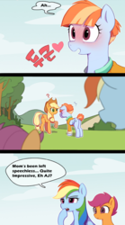 Size: 700x1259 | Tagged: safe, artist:conte0226, edit, editor:xaxu-slyph, applejack, rainbow dash, scootaloo, windy whistles, earth pony, pegasus, pony, g4, applejack's hat, blushing, clothes, comic, cowboy hat, cute, dialogue, excited, female, filly, foal, folded wings, hat, mare, open mouth, question mark, raised hoof, speech bubble, talking, translation, windybetes, wings