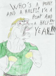 Size: 2460x3346 | Tagged: safe, artist:reptileman778, bulk biceps, pegasus, pony, g4, crossover, doom, doom comic, doom guy, high res, male, parody, rip and tear, solo, traditional art, yeah, yeah!!!!!!!!