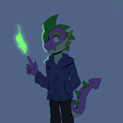 Size: 1688x1688 | Tagged: safe, artist:moonakart13, artist:moonaknight13, spike, dragon, g4, alternate universe, claws, clothes, dark background, fire magic, freckles, magic, male, smiling, solo