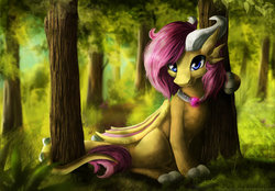 Size: 1024x711 | Tagged: safe, artist:aschenstern, oc, oc only, dragon, commission, curved horn, forest, horn, male, necklace, not fluttershy, scenery, sitting, solo, sunlight, tree