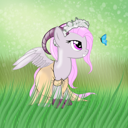 Size: 1366x1366 | Tagged: safe, artist:pregnancylove, oc, oc only, oc:beryl (discoshy), butterfly, hybrid, clothes, dress, floral head wreath, flower, interspecies offspring, meadow, multiple pregnancy, offspring, parent:discord, parent:fluttershy, parents:discoshy, pregnant, solo