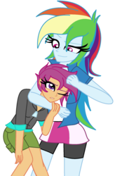 Size: 800x1222 | Tagged: safe, artist:cbear624, rainbow dash, scootaloo, equestria girls, g4, art trade, clothes, compression shorts, cute, duo, female, noogie, one eye closed, scootalove, shorts, simple background, skirt, transparent background